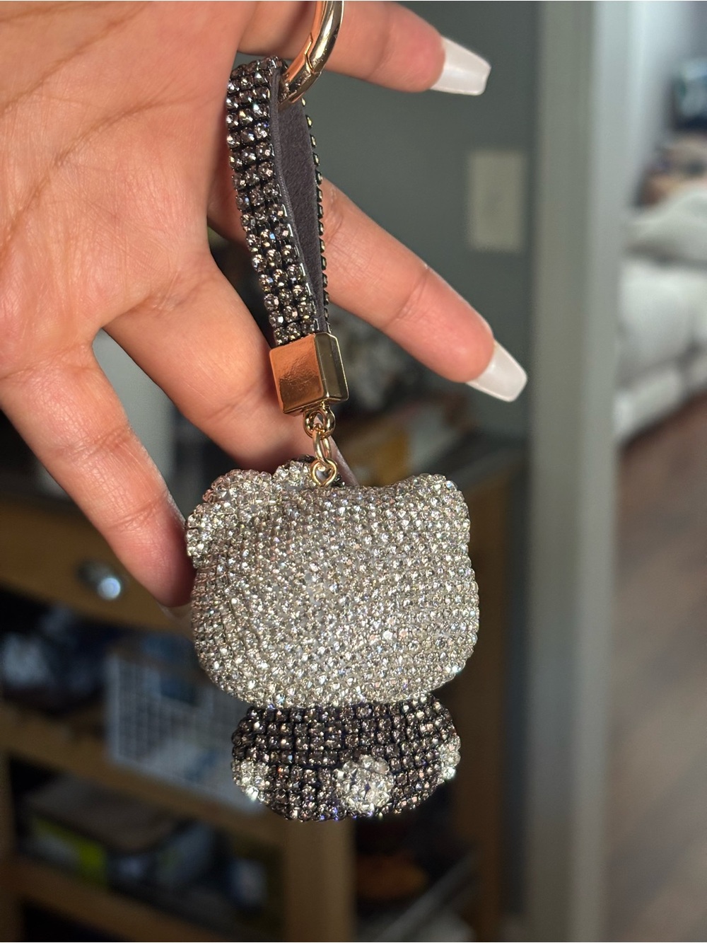 Hello Kitty Crystal Keychain - Silver & Black with Gold Accents - Picture 3 of 4